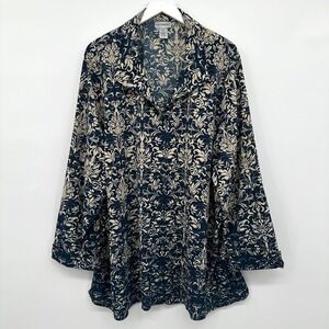 Catherines Tunic Top Shirt Size 3X Button Up Stretch Long Sleeve Romantic Mature